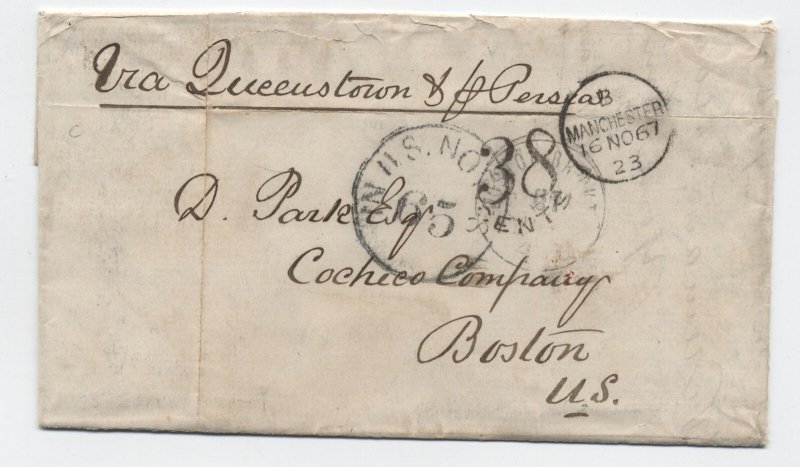 1867 Manchester to Boston stampless  65 in US notes handstamp  [45.563]