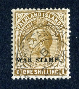 Falkland Islands 1918 KGV. War Stamp. 1s light bistre brown. Used. SG72.