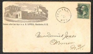 #147 STAMP MANCHESTER NEW HAMPSHIRE A. H. LOWELL IRON WORKS RPO AD COVER 1882