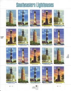 3787-3791   Southeastern Lighthouses,   MNH 37 cent sheet of 20   Issued in 2003