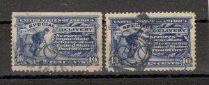 USA - 2 USED STAMPS, 10 c - SPECIAL DELIVERY - VARIETY