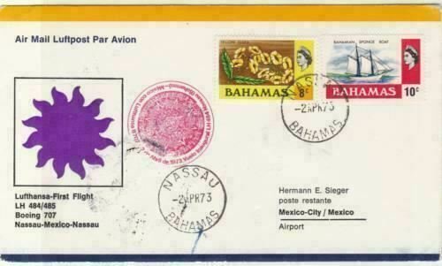 lufthansa  1973  bahamas  to mexico air mail stamps cover ref r15409