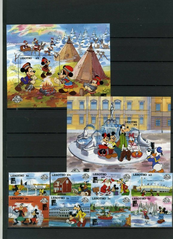 LESOTHO 1988 WALT DISNEY STAMP EXPO FINLANDIA'88 SET OF 8 STAMPS & S/S MNH