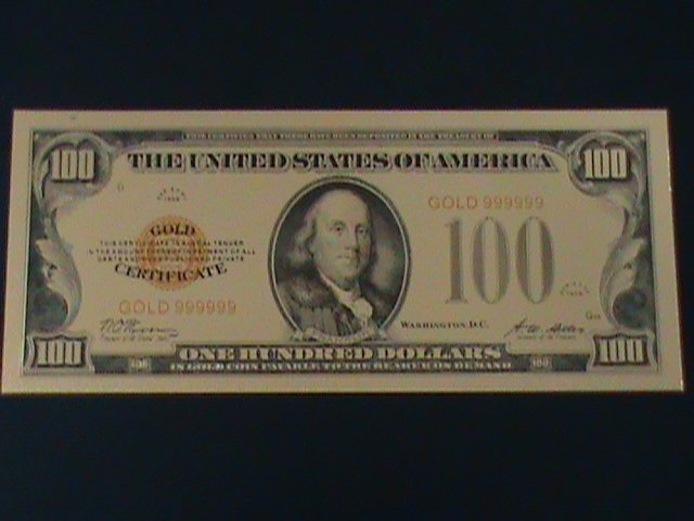 ​UNITED STATES-1928 CAT.#403- 24 KARAT GOLD REPLICA $100  VF WITH CERTIFICATE