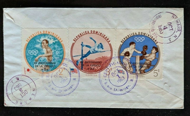 1963 Dominican Republic Newark NJ Back Cancel Registered Olympics Airmail Cover