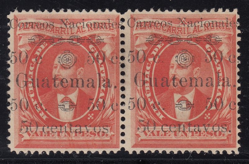 Guatemala 1886 50c on 1p “Carreos” + No Period Pair M Mint. Scott Unlisted/27c