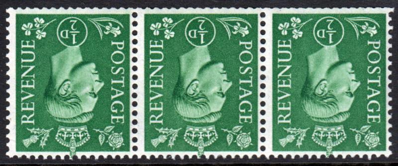 GB KGVI 1941 0.5d Pale Green SG485Wi Block x 3 Inverted Watermark Mint Hinged