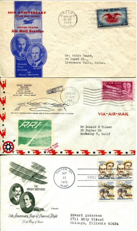 3 USA Wilbur and Orville Wright Brothers Cover Cachet Stamps Postage Collection 