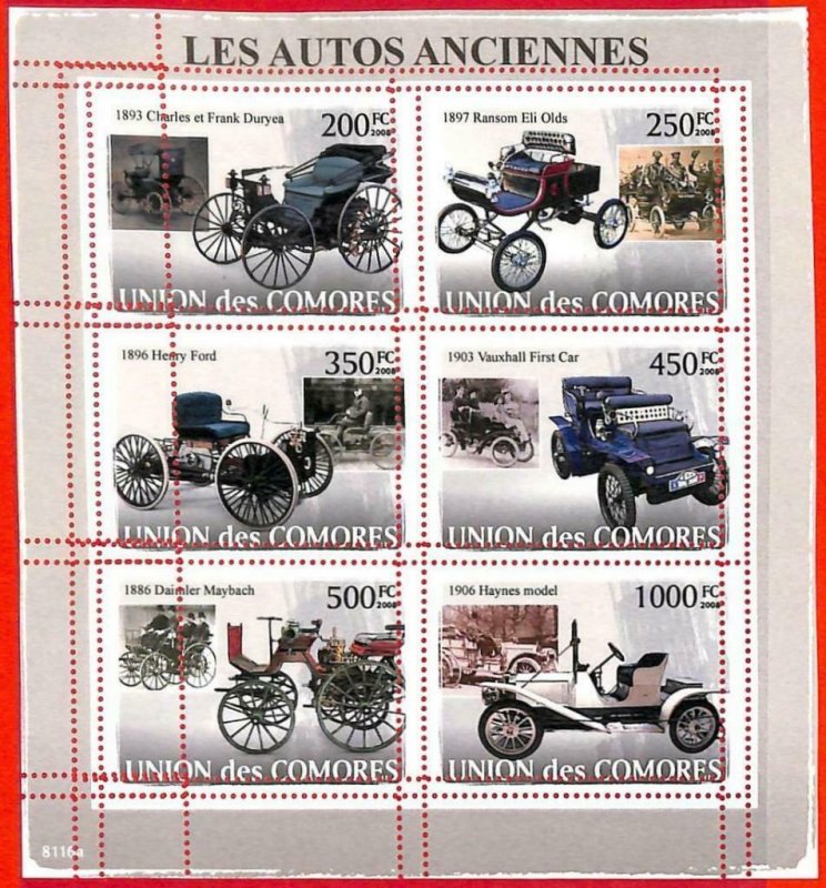 A3176 - COMOROS, ERROR MISSPERF, Miniature sheet: 2009, Old cars, Vauxhall, Ford