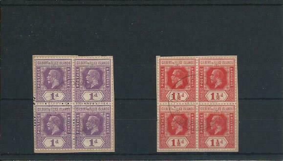 GILBERT & ELLICE IS 1922-27 1d & 1½d BLKS OF 4 FU WITH OCEAN IS CANCELS SG 28/29