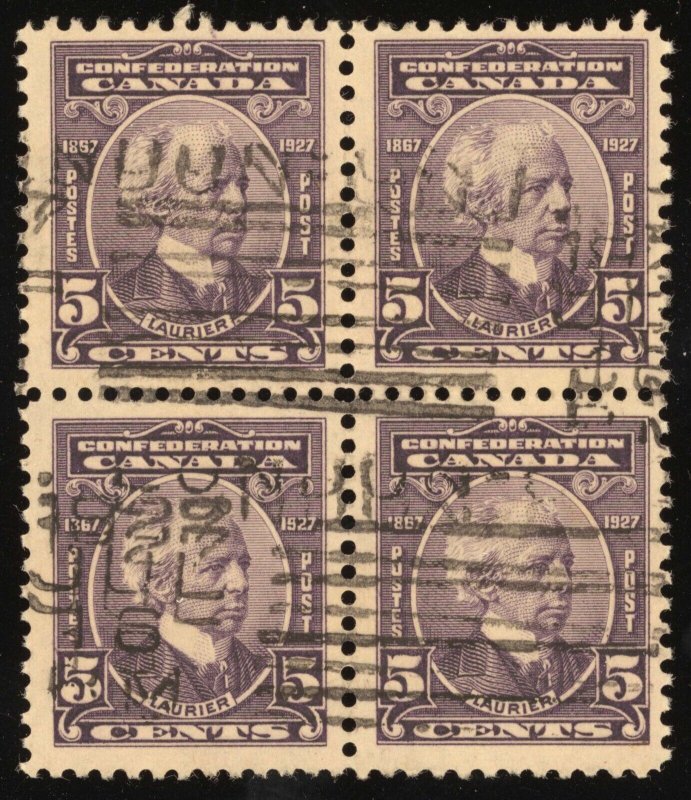 Canada Scott 144 Block of 4  Used 1927 Laurier 5 cents OCU006 bhmstamps