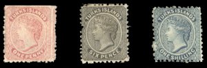 Turks Islands #1-3 Cat$442.50, 1867 1p, 6p and 1sh, hinged, some small faults