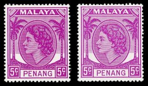 Malaya - Penang 1954 QEII 5c in the two listed shades superb MNH. SG 31. Sc 31a.