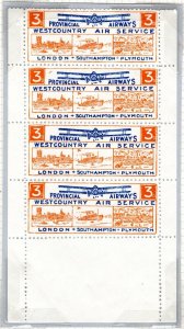 GB AVIATION Air Mail Stamp 1933 3d *West Country* PANE/Strip{4} Mint MNH EP434 