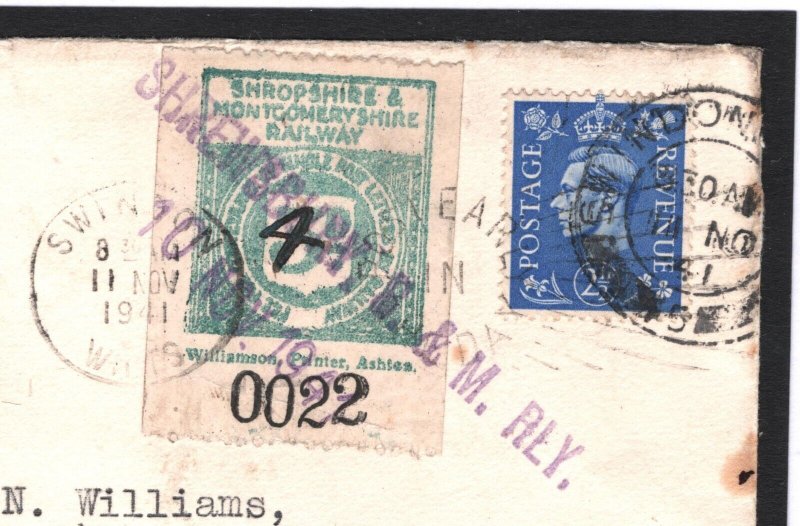 GB WW2 Cover *SHROPSHIRE MONTGOMERYS RAILWAY* Rare 4d/3d Stamp Shrewsbury R143b 