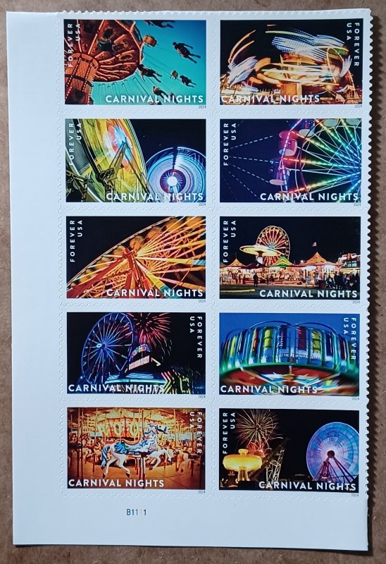 US #5855-5864 (68c) Carnival Nights MNH block of 10 plate #B1111 (2024)