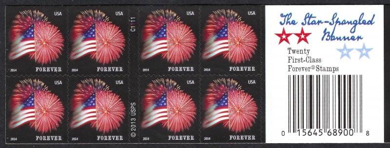 United States #4869a Flag and Fireworks (2014). Double-sided Booklet of 20. MNH