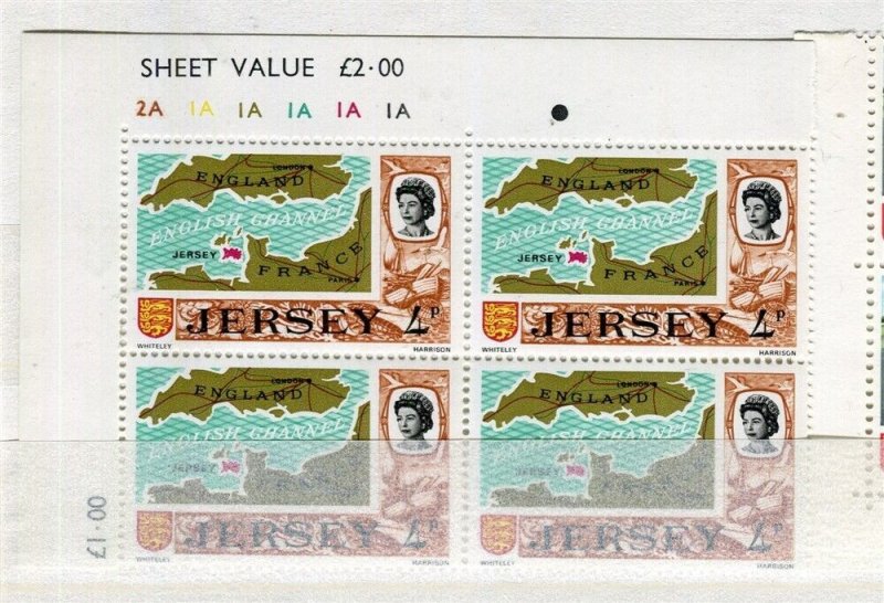 BRITAIN JERSEY; 1970s early QEII Pictorial issue MINT MNH 4p. CORNER BLOCK 4