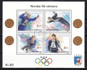 Norway, Scott cat. 1021 a-d. Winter Olympic Skiers sheet of 4. Canceled. ^