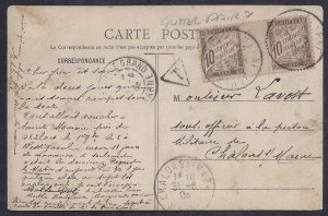 FRANCE 1905 GUTTER PAIR POSTAGE DUE WITH T IN TRIANGLE ON POST CARD VIEW OF CAMP