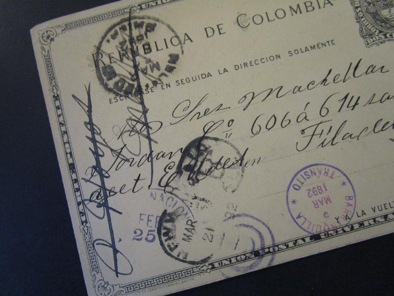 Colombia 1892 Postal Card Used w/ NY PAID ALL / Small Corner Damage - Z5452