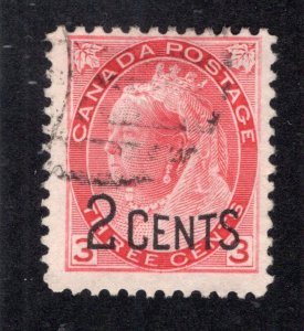 Canada 1899 2c on 3c carmine Surcharge, Scott 88 used, value = $6.00