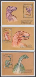 GAMBIA Sc# 1291-2A CPL MNH SET of 3 DINOSAURS SOUVENIR SHEETS