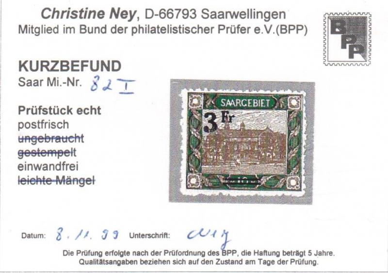 Saar #97 (Michel #82I) NH Mint **With Certificate**