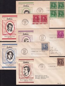 1940 Famous Americans, authors Sc 859-863-7 with Linprint cachets 1c to 10c set