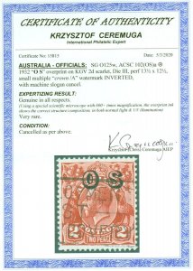 Australia 1932 2d Golden Scarlet SG0125w Wmk Inverted Fine Used Very Rare Cer...