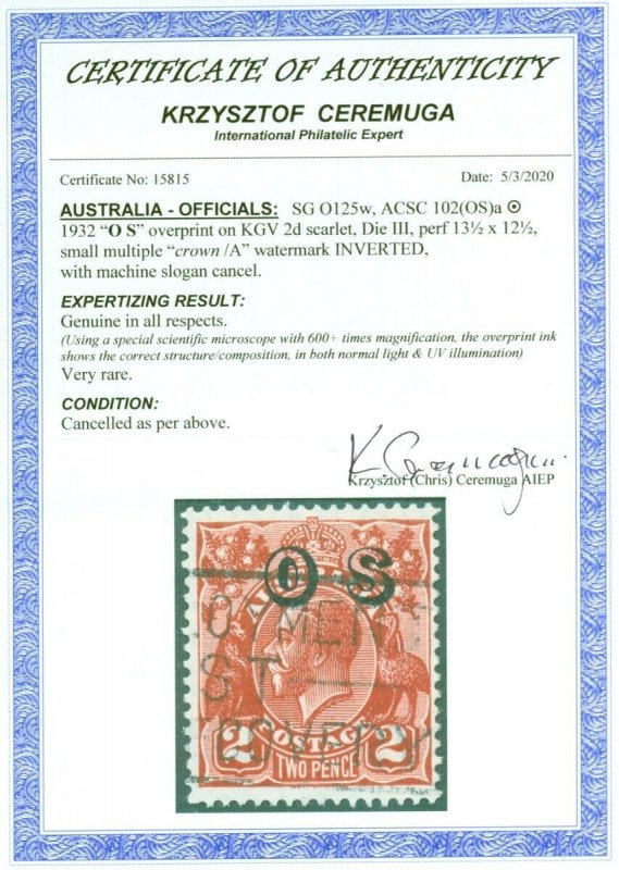 Australia 1932 2d Golden Scarlet SG0125w Wmk Inverted Fine Used Very Rare Cer...