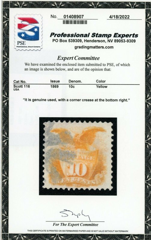 US Stamp 116 Shield & Eagle 10c - PSE CERT - Used - CV $110.00
