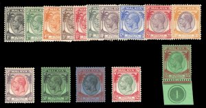 Straits Settlements #217-234 Cat$243.10+ (for hinged), 1936-37 George V, comp...