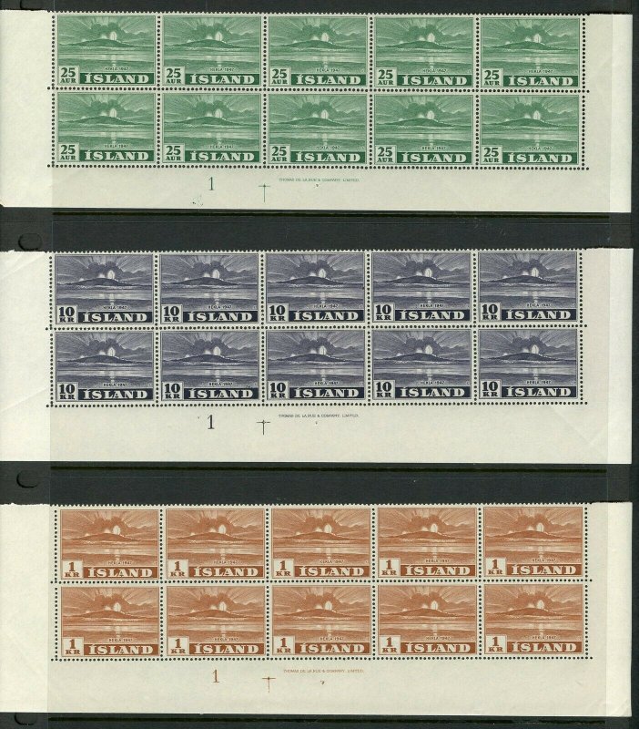 ICELAND 1948 HEKLA VOLCANOE STRIPS OF TEN SCOTT#248/52 MINT NEVER HINGED 