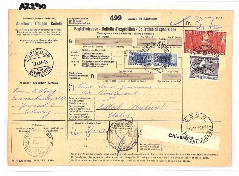 Switzerland HIGH VALUES Zurich *Insured Mail* Card Italy PTS 1961 AZ290