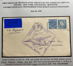 1939 Dublin Ireland First Flight Airmail Cover To New York Usa North-Atlantic