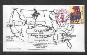 Just Fun Cover #3068S Pony Express Rides Olympic Torch relay MAY/13/96 (A860)