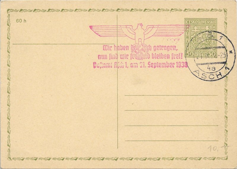 Sudetenland: 1938 Liberation Cancellation Asch on Czech Stationary Card