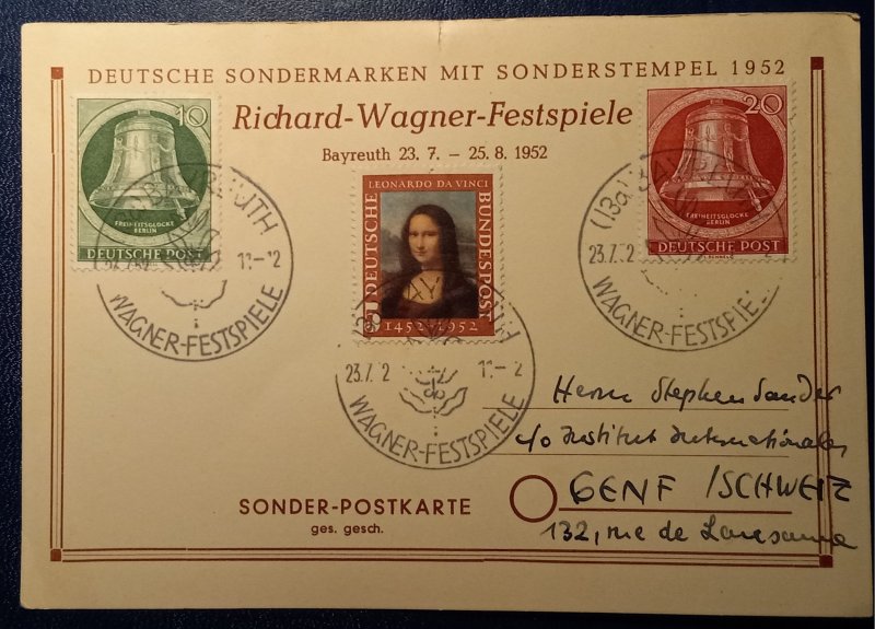 Germany Berlin Michel 83-84 Rare Postcard (1952) Richard-Wagner-Festspiele