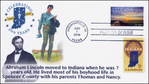 2016, Indiana Statehood, 200 Years, FDC, BW, Abraham Lincoln, 16-188