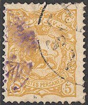 IRAN Persia 1900 Sc 156  5c Used, VF, Lion w/violet handstamp