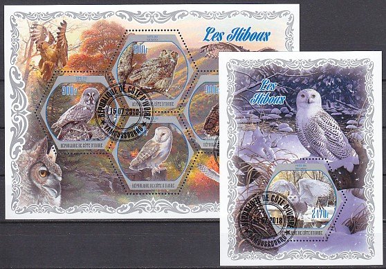 Ivory Coast. 2018 Cinderella issue. Owls sheet of 4 and s/sheet. ^