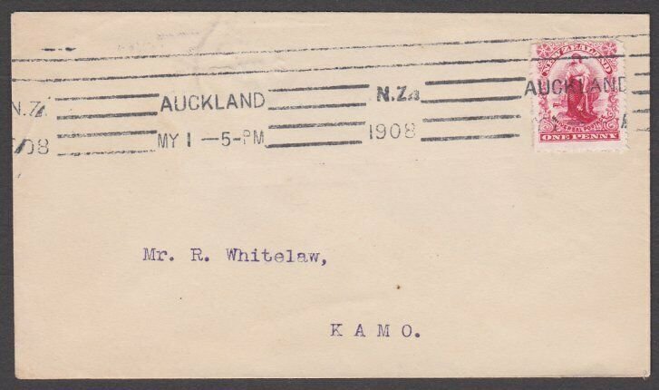 NEW ZEALAND 1908 1d Universal on cover Auckland to Kamo.....................A781