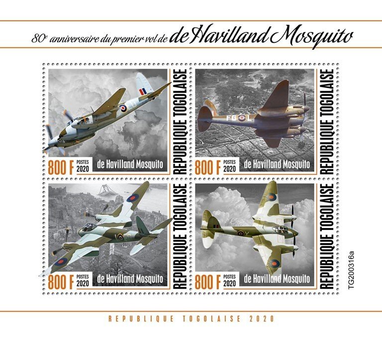 TOGO - 2020 - de Havilland Mosquito - Perf 4v Sheet  - Mint Never Hinged