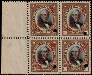 ✔️ CHILE 1911 - PEREZ BLOCK OF 4  PUNCH & SPECIMEN ABNC  SC.107 MNH ** $$$ [6.3]