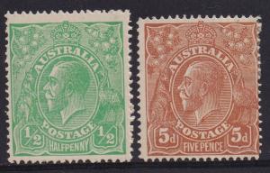 AUSTRALIA 1914 KGV 1/2D AND 5D SINGLE WMK */**