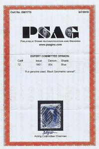 SC# 72 USED 90 CENT WASHINGTON, 1861, GEOMETRIC CANCELS, 2019 PSAG CERT LOOK!