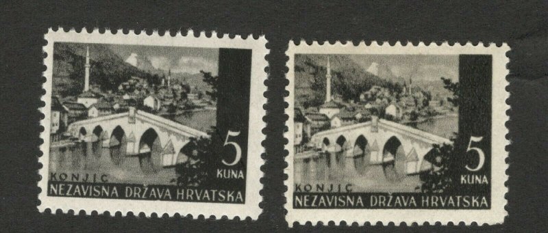 CROATIA - NDH - 2 MNH STAMPS, 5 kuna - DIFERENT COLOR  -1941/42/43.