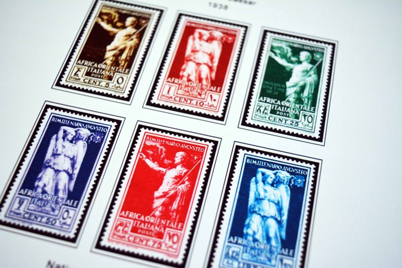 COLOR PRINTED ITALIAN EAST AFRICA 1938-1942 STAMP ALBUM PAGES (7 illustr. pages)