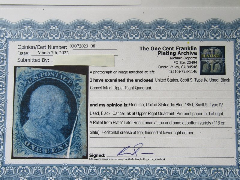 US, Scott # 9 used, w/Certificate, Pre-print paper fold at Right,